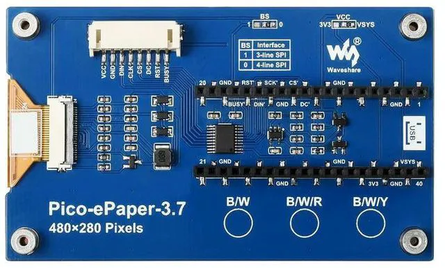 Alt view image 2 of 3 - Pico-ePaper-3.7,3.7inch E-Paper E-Ink Display Module for Raspberry Pi Pico 480x280 Black / White 4 Grayscale SPI