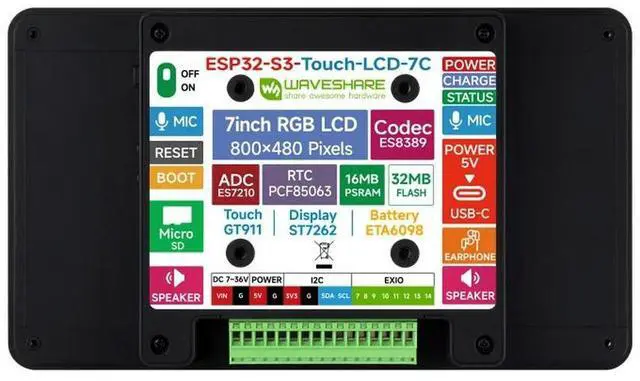 Main image of ESP32-S3 7inch AI Voice Touch Display Development Board,800×480 Resolution,5-Point Touch,IPS Display Panel,Supports