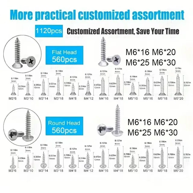 Alt view image 2 of 3 - For 1120Pcs 304 Stainless Steel Cross Pan Head, Countersunk Head Self-tapping Screw Set