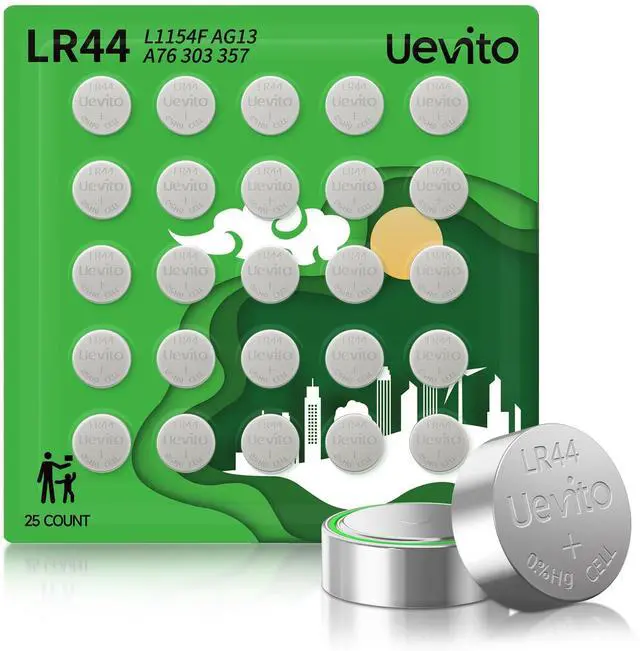 Main image of UEVITO LR44 Batteries 25 Pack, AG13 A76 357 L1154f 1.5V Button Coin Cell | High Capacity Alkaline Battery for Toys, Calculators, Thermometers and Watches, Designed to Operate from -4°F to 140°F