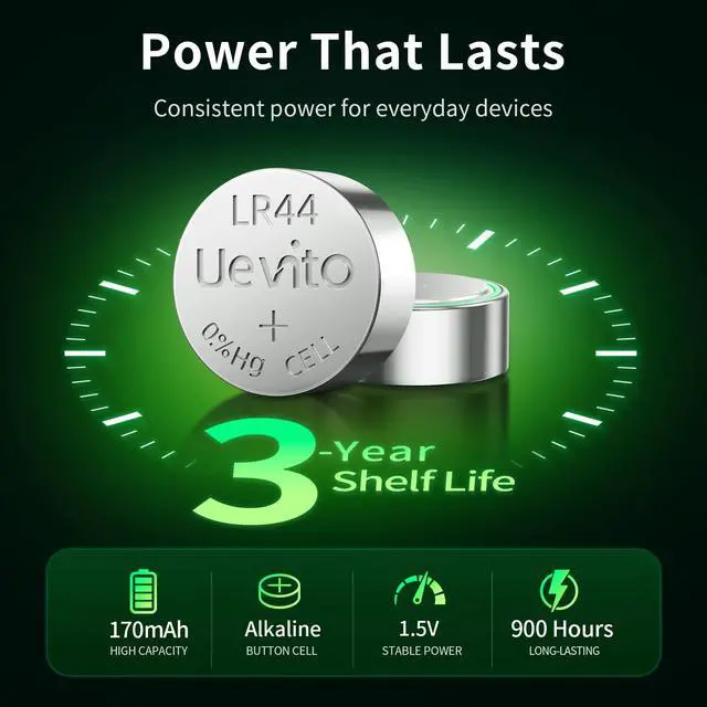 Alt view image 2 of 7 - UEVITO LR44 Batteries 25 Pack, AG13 A76 357 L1154f 1.5V Button Coin Cell | High Capacity Alkaline Battery for Toys, Calculators, Thermometers and Watches, Designed to Operate from -4°F to 140°F