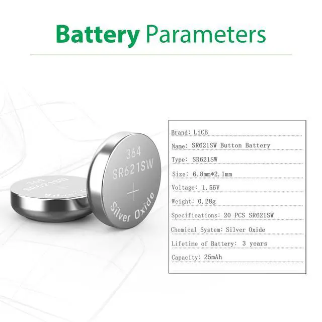 Alt view image 2 of 7 - LiCB 20 Pack SR621SW 364 164 363 AG1 Battery 1.5V Button Cell Watch Batteries
