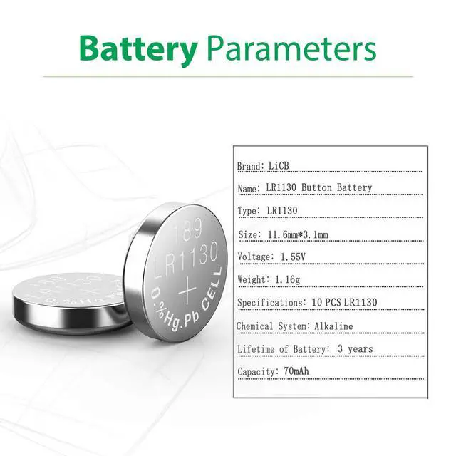 Alt view image 2 of 7 - LiCB 10 Pack LR1130 AG10 Battery 1.5V Long-Lasting Alkaline Button Cell Batteries
