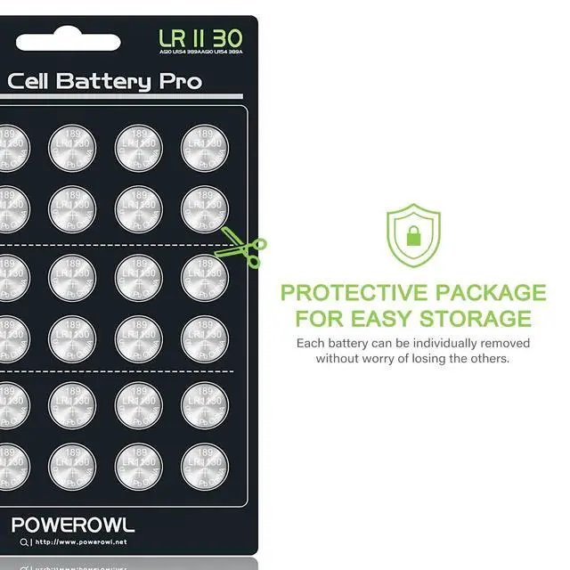 Alt view image 7 of 7 - POWEROWL High Capacity LR1130 AG10 Batteries 30 Pack, SG10 389 189 Premium Alkaline Battery 1.5V Button Coin Cell Batteries