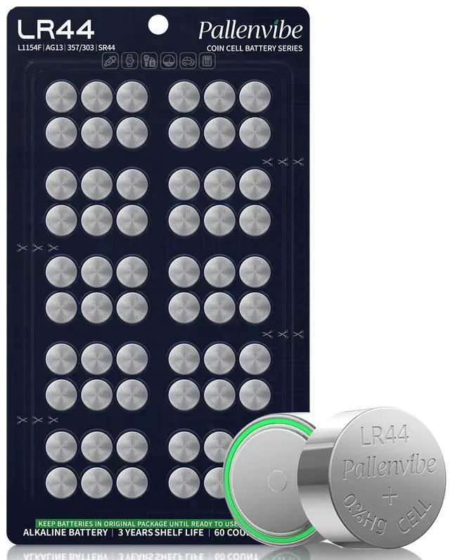 Main image of 60 Pack LR44 Batteries, AG13 A76 L1154F SR44 lr 44 Button Coin Cell Battery | 1.5V Alkaline for Toys Thermometers Kitchen Scales Calculators Watches Digital Calipers Laser Pointers LED Lights Humidors