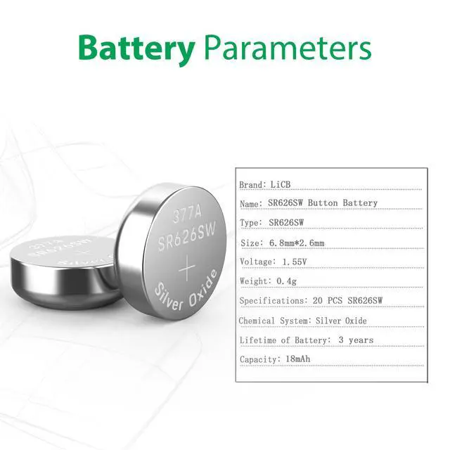 Alt view image 2 of 7 - LiCB 20 Pack SR626SW 377 626 Watch Battery 1.5V Button Cell Batteries