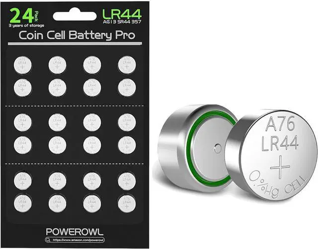 Main image of POWEROWL LR44 Batteries 24 Count, High Capacity AG13 357 303 SR44 L1154F A76 Premium Alkaline Battery 1.5V Button Coin Cell Batteries