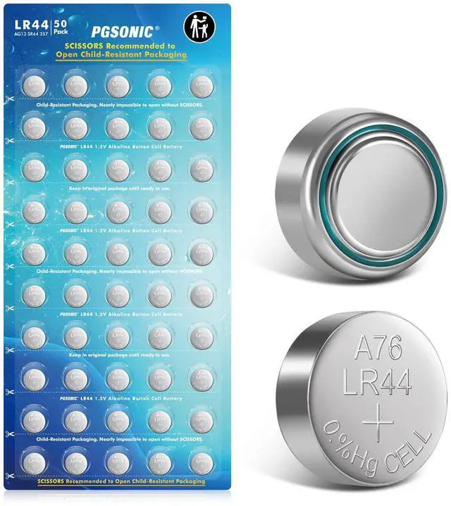 Main image of PGSONIC 50 Pack LR44 Batteries, 1.5 Volt Alkaline Button Cell Batteries with Long Lasting Power