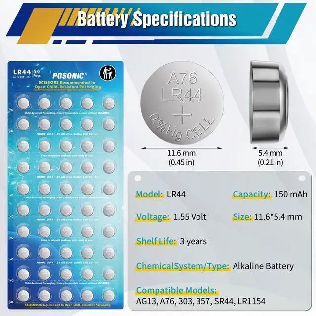 Alt view image 4 of 7 - PGSONIC 50 Pack LR44 Batteries, 1.5 Volt Alkaline Button Cell Batteries with Long Lasting Power
