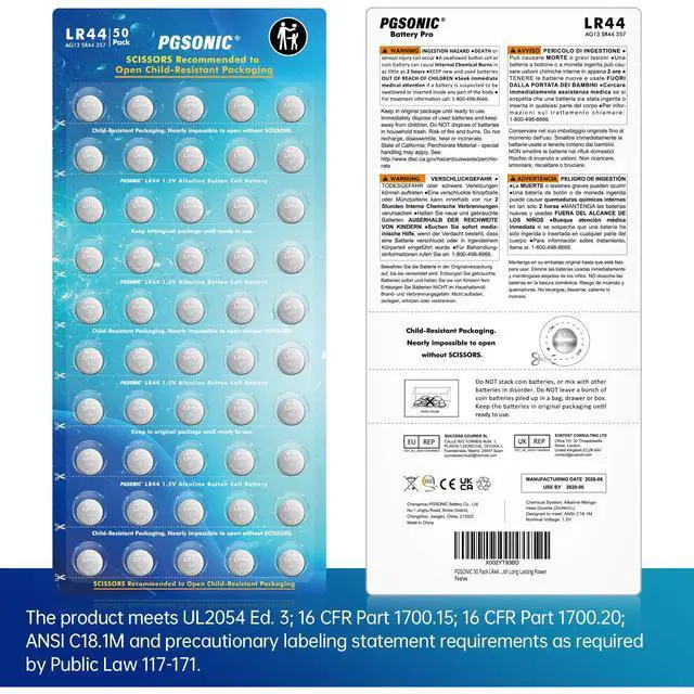 Alt view image 6 of 7 - PGSONIC 50 Pack LR44 Batteries, 1.5 Volt Alkaline Button Cell Batteries with Long Lasting Power
