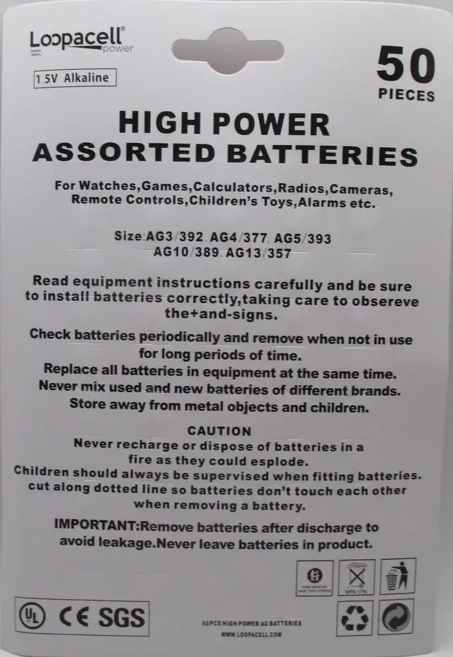 Alt view image 2 of 2 - Loopacell High Power Super Alkaline Button Cell Assorted 1.5V Battery AG3/LR41 AG4/LR626 AG5/LR754 AG10/LR1130 AG13/LR44,50 Count (Pack of 1)