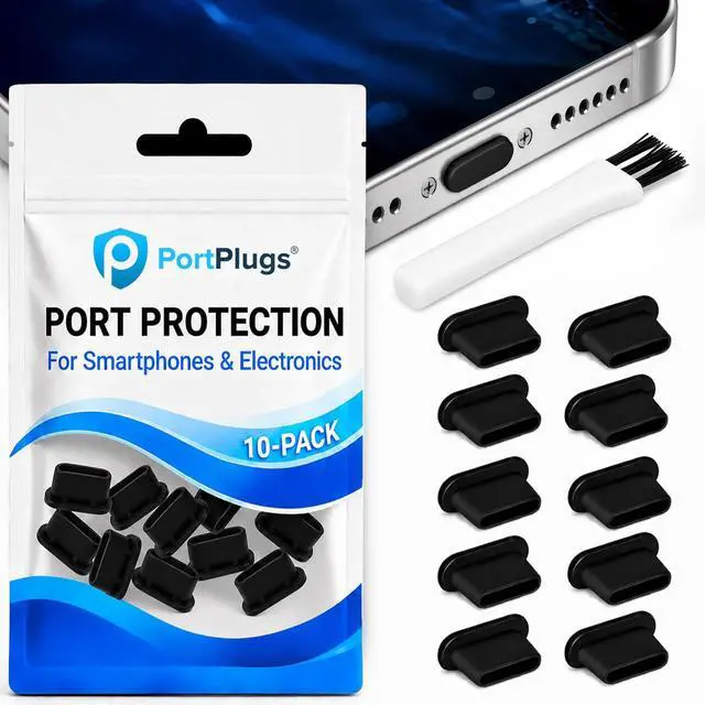 Main image of USB C Dust Plugs 10 Pack with Cleaning Brush, Charging Port Covers, Black | Helps block dust, lint and debris, helps support reliable charging, snug low profile fit, durable flexible construction