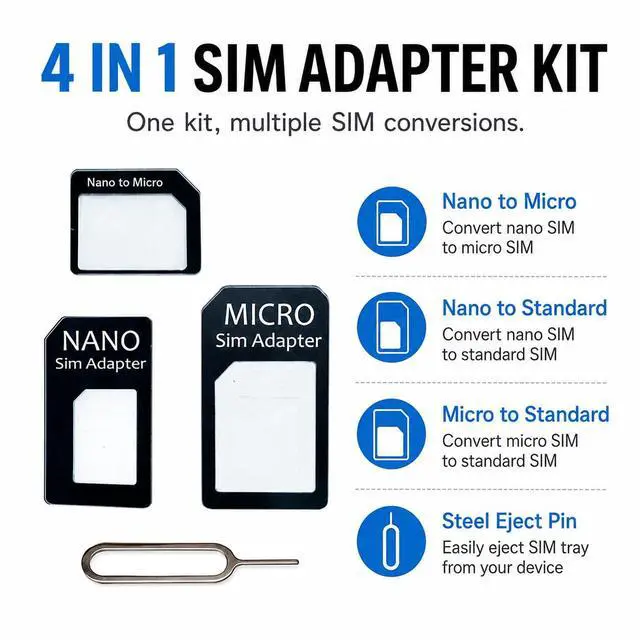 Alt view image 2 of 5 - FHTIUR Sim Card Adapter Nano Micro - Standard 4 in 1 Converter Kit with Steel Tray Eject Pin (Black)
