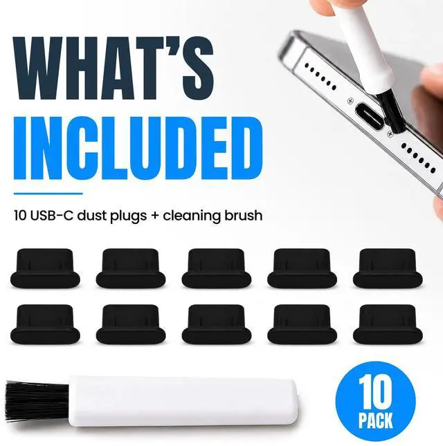 Alt view image 4 of 7 - USB C Dust Plugs 10 Pack with Cleaning Brush, Charging Port Covers, Black | Helps block dust, lint and debris, helps support reliable charging, snug low profile fit, durable flexible construction