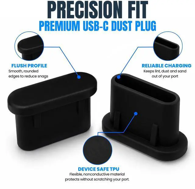 Alt view image 5 of 7 - USB C Dust Plugs 10 Pack with Cleaning Brush, Charging Port Covers, Black | Helps block dust, lint and debris, helps support reliable charging, snug low profile fit, durable flexible construction