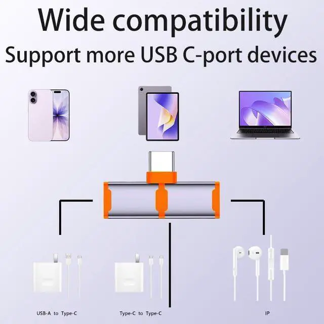 Alt view image 2 of 5 - USB C Headphone adapter, 2-in-1 USB C to IP headphone jack with HiFi sound quality, equipped with Type-C jack 100W fast charging adapter, compatible with mobile phones 17 17 Pro 17promax,orange