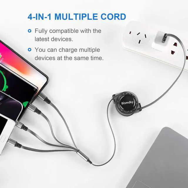 Alt view image 2 of 7 - 4in1Cable3ARetractableUSBMultipleFastChargingCord with 2*phone/Type C/Micro | 2PackMultiCharger3.3FT4in1ChargingCompatibleCell Phones/IP/Galaxy/PS/Tablets/iPadsTablets Port