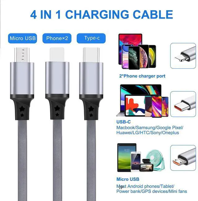 Alt view image 4 of 7 - 4in1Cable3ARetractableUSBMultipleFastChargingCord with 2*phone/Type C/Micro | 2PackMultiCharger3.3FT4in1ChargingCompatibleCell Phones/IP/Galaxy/PS/Tablets/iPadsTablets Port