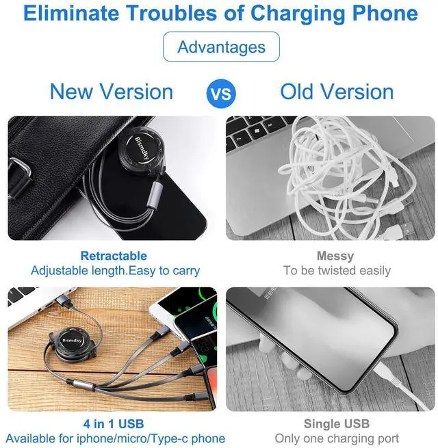 Alt view image 3 of 7 - 4in1Cable3ARetractableUSBMultipleFastChargingCord with 2*phone/Type C/Micro | 2PackMultiCharger3.3FT4in1ChargingCompatibleCell Phones/IP/Galaxy/PS/Tablets/iPadsTablets Port