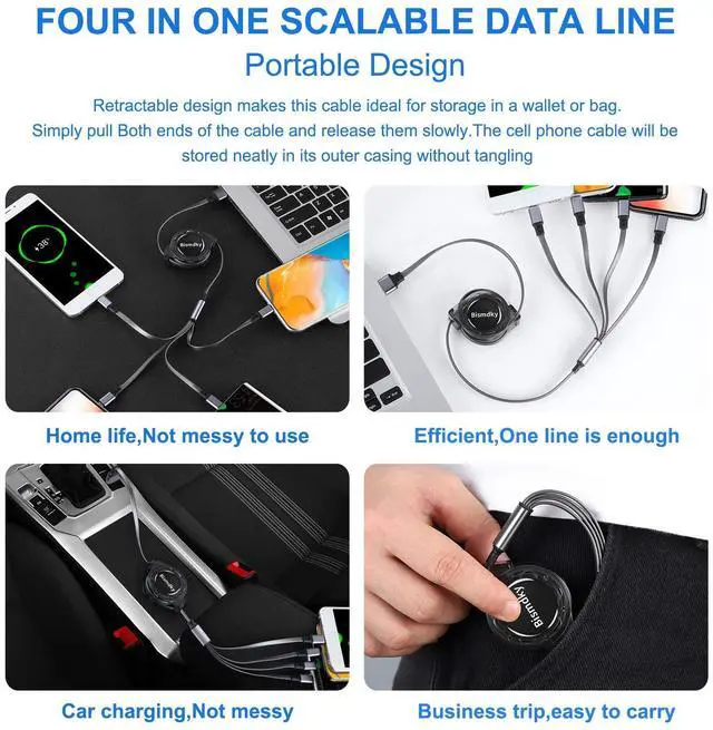 Alt view image 5 of 7 - 4in1Cable3ARetractableUSBMultipleFastChargingCord with 2*phone/Type C/Micro | 2PackMultiCharger3.3FT4in1ChargingCompatibleCell Phones/IP/Galaxy/PS/Tablets/iPadsTablets Port