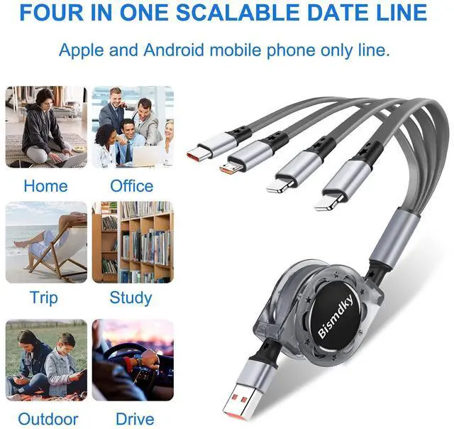 Alt view image 7 of 7 - 4in1Cable3ARetractableUSBMultipleFastChargingCord with 2*phone/Type C/Micro | 2PackMultiCharger3.3FT4in1ChargingCompatibleCell Phones/IP/Galaxy/PS/Tablets/iPadsTablets Port