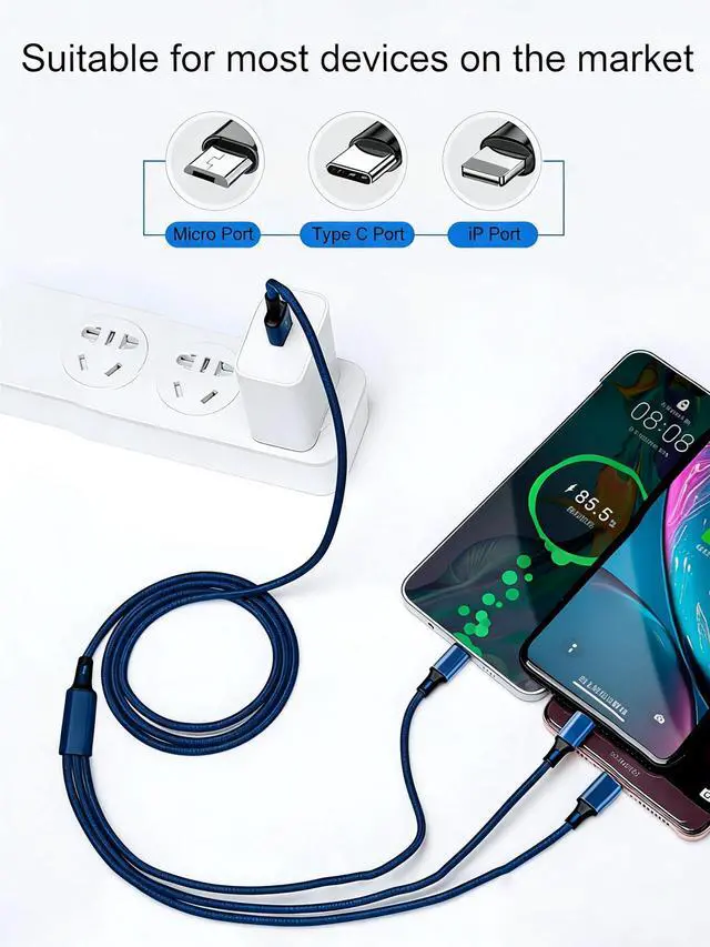 Alt view image 2 of 6 - Awnuwuy 10ft Multi 3in1 Charging Cable Blue, 3 Port (Type C/Micro/iPhone) | Nylon Braided, Long Multiple USB Charger Cord for Multiple Devices, iPhone 17/16/15/14, Galaxy S26, Tablet