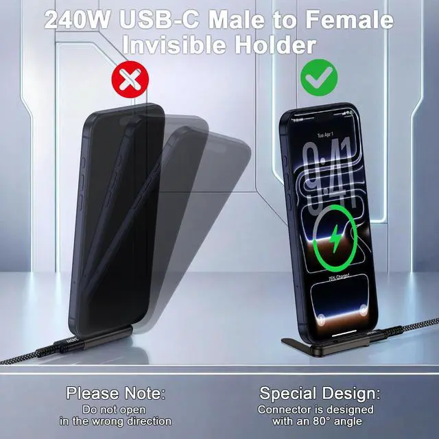 Alt view image 4 of 7 - 240W USB C to USB C Fast Charging Flat Phone Charger Type-C Phone Stand | 2-in-1 Invisible Holder Foldable Charger 360 Detachable Sideways Stand for Samsung Galaxy S26 Ultra Z Flip8 Fold8, iPhone 17