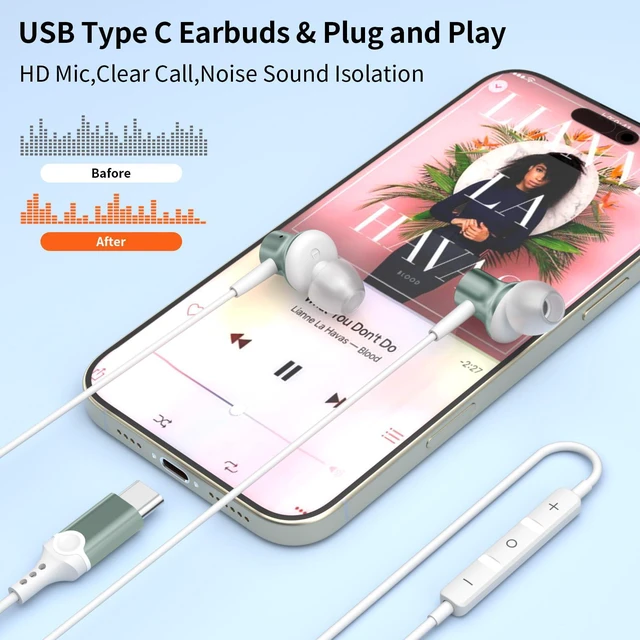 Alt view image 2 of 7 - USB C Earbuds Wired Headphone for iPhone 18 Pro Max 17 16 16e 15 for Samsung A17 A16 S26 Ultra S25 Headphones Wired,USB Type C Earphones With Microphone for iPad Pro Air Pixel 11 10 9,Green
