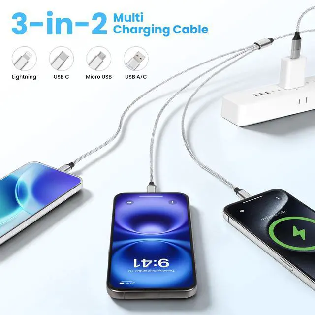 Alt view image 2 of 5 - Derwav 3 in 2 Multi Charging Cable,10FT/3M Braided Chargers for All Devices,Multiple USB-C Charger Cable Adapter with USB A/C to Light-ning/USB C/Micro USB Port for iP17/16/15/14/Tablets/PS/CarPlay