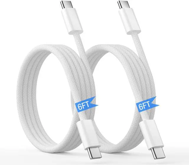 Main image of 2-Pack 6.6FT USB C to USB C Fast Charging Cable, Braided Type-C Cord for iPhone 17/16/15/Pro/Max, iPad Pro/Air/Mini, MacBook, Galaxy S24/S23/S22, Pixel 7/6-60W PD Durable White Charger Cable