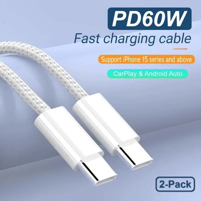 Alt view image 2 of 7 - 2-Pack 6.6FT USB C to USB C Fast Charging Cable, Braided Type-C Cord for iPhone 17/16/15/Pro/Max, iPad Pro/Air/Mini, MacBook, Galaxy S24/S23/S22, Pixel 7/6-60W PD Durable White Charger Cable