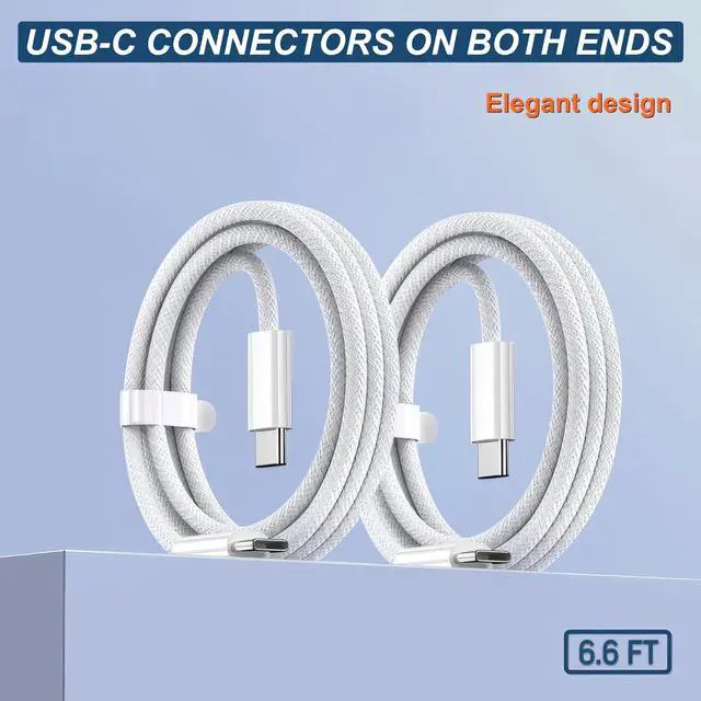 Alt view image 3 of 7 - 2-Pack 6.6FT USB C to USB C Fast Charging Cable, Braided Type-C Cord for iPhone 17/16/15/Pro/Max, iPad Pro/Air/Mini, MacBook, Galaxy S24/S23/S22, Pixel 7/6-60W PD Durable White Charger Cable