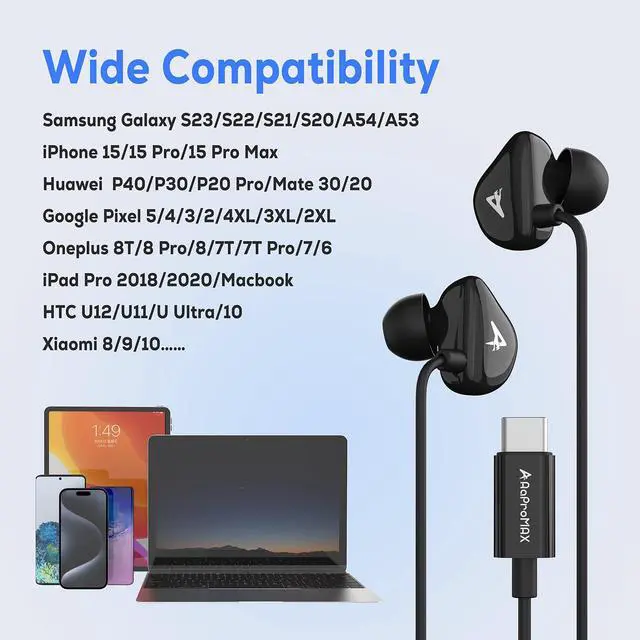 Alt view image 6 of 6 - USB C Headphones, Type C Earphones for iPhone 16 Pro Max/15/iPad Samsung Galaxy S20 S21 S22 S23 S24 FE Ultra Wired Earbuds Microphone for Android Google Pixel 8 8A 7 7A 6A 6 OnePlus
