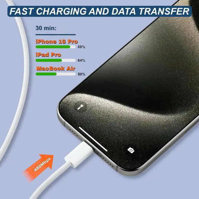 Alt view image 4 of 7 - 2-Pack 6.6FT USB C to USB C Fast Charging Cable, Braided Type-C Cord for iPhone 17/16/15/Pro/Max, iPad Pro/Air/Mini, MacBook, Galaxy S24/S23/S22, Pixel 7/6-60W PD Durable White Charger Cable