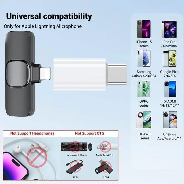 Alt view image 4 of 5 - Type C to Lightning Microphone Adapter, USB C Male to Lightning Female Converter for Wireless Lavalier Microphone to your phone, Not for Headphone and Data, also Can charge for iPhone17/ 16 Series etc