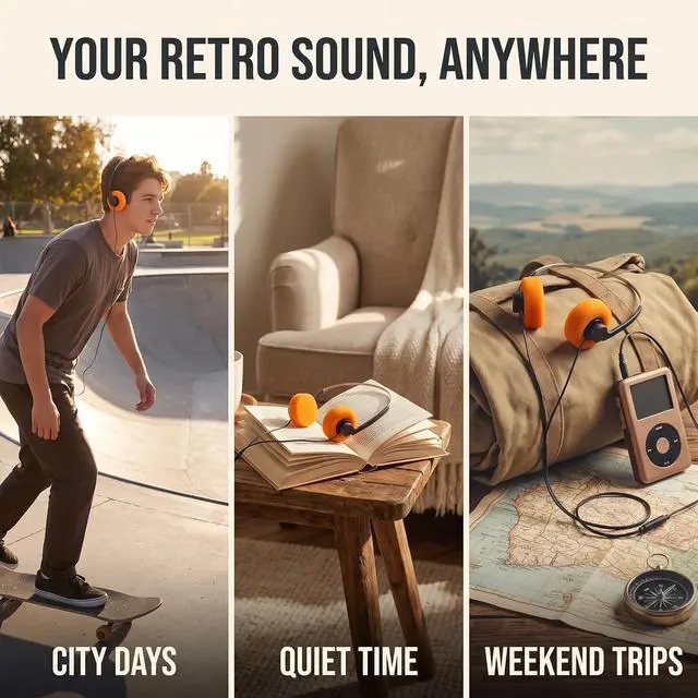 Alt view image 3 of 7 - Cauaoa Orange Retro Over-Ear Earphones, Mini Stereo Lightweight Headphones with Cord, 80s 90s Vintage Headset Wired, Hi-Fi Stereo Earphone for Most Mobile Phones Playback Pevices Headphones