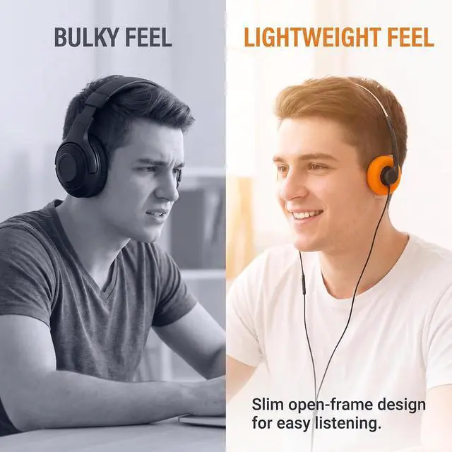 Alt view image 4 of 7 - Cauaoa Orange Retro Over-Ear Earphones, Mini Stereo Lightweight Headphones with Cord, 80s 90s Vintage Headset Wired, Hi-Fi Stereo Earphone for Most Mobile Phones Playback Pevices Headphones