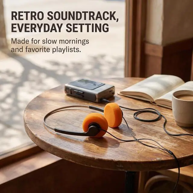 Alt view image 7 of 7 - Cauaoa Orange Retro Over-Ear Earphones, Mini Stereo Lightweight Headphones with Cord, 80s 90s Vintage Headset Wired, Hi-Fi Stereo Earphone for Most Mobile Phones Playback Pevices Headphones