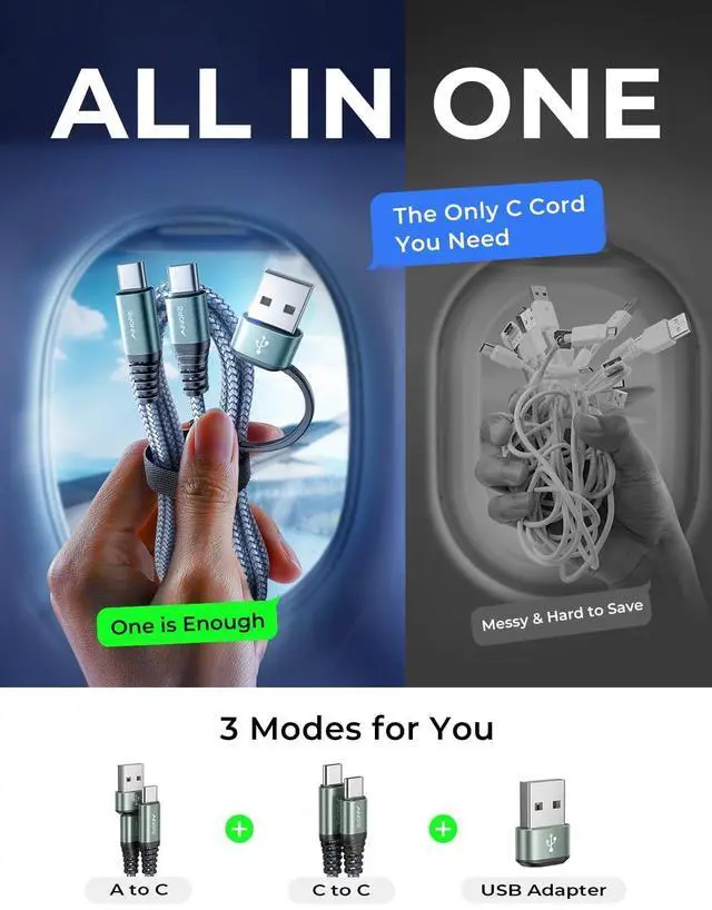 Alt view image 6 of 7 - AINOPE 60W 10FT USB C Cable Fast Charging with USB Adapter | Woven USB to USB C Cable Type C Charger Fast Charging 10FT Long USB-C Cables for iPhone 17/16/15/14/Wireless Controller