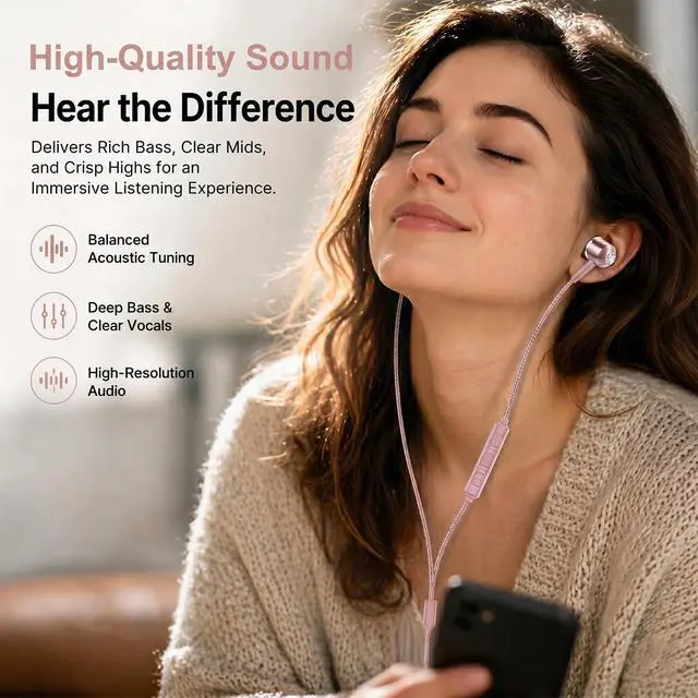 Alt view image 2 of 7 - ADOOPE USB-C Wired Earbuds with Microphone, in-Ear Headphones for Android & USB-C Devices, Noise-Isolating Stereo Earphones with Inline Remote for Phone Calls, Music & Video - Pink
