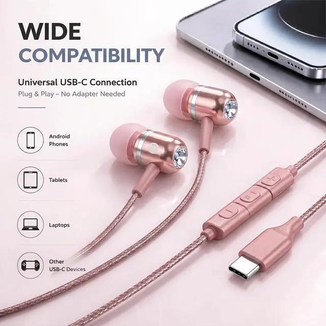 Alt view image 3 of 7 - ADOOPE USB-C Wired Earbuds with Microphone, in-Ear Headphones for Android & USB-C Devices, Noise-Isolating Stereo Earphones with Inline Remote for Phone Calls, Music & Video - Pink