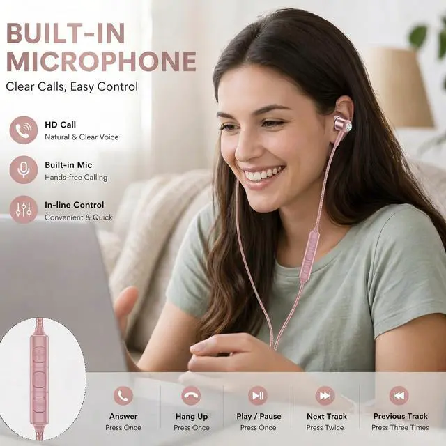 Alt view image 6 of 7 - ADOOPE USB-C Wired Earbuds with Microphone, in-Ear Headphones for Android & USB-C Devices, Noise-Isolating Stereo Earphones with Inline Remote for Phone Calls, Music & Video - Pink