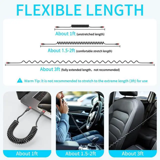 Alt view image 4 of 7 - Coiled USB C to USB C Cable, 2 Pack 3FT USBC Car Charger Cord, USBC to USBC Coiled Cable Fast Charging for Carplay, iPhone 17/16/15 Plus/Pro Max, Samsung Galaxy S25 S24 S23, Pixel 10 9