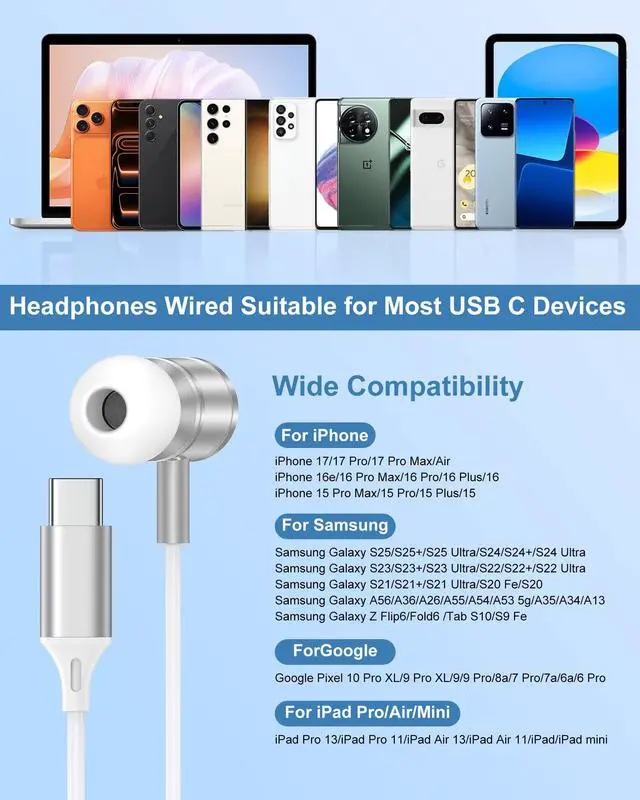 Alt view image 7 of 7 - iPhone 17 USB C Headphones Wired, Earbuds with Microphone for iPhone 17e 16 | Type C in-Ear Headphones with Mic, USBC Wired Ear Buds for Samsung Galaxy S26 S25 S24 A17 Pixel Earphones