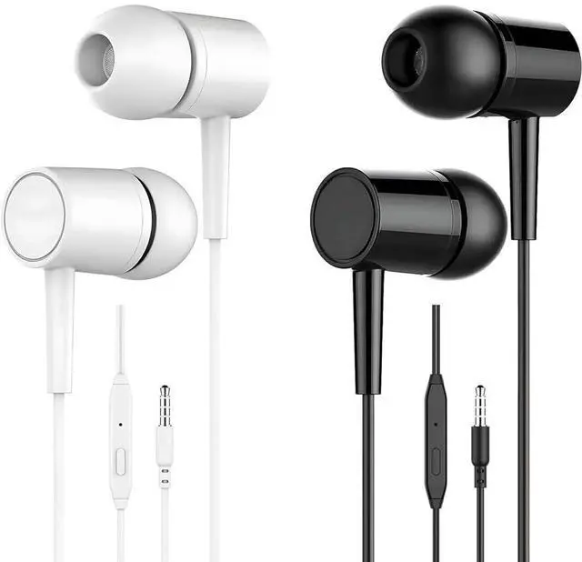 Main image of 2 Pack Wired Earbuds with Microphone Black & White in-Ear Headphones with Noise Blocking, Volume Control & 3.5mm Plug for Phone, Pad, Laptop