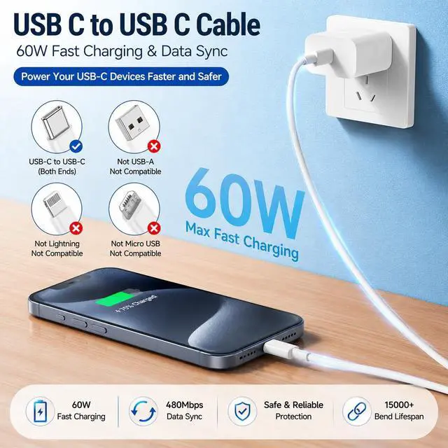 Alt view image 2 of 7 - 60W USB C to C Cable 3Pack 6FT PD 3.0 Fast Charging Cord for iPhone17 S26 | Reliable 60W PD 3.0 USB-C cables support fast charging and data sync for iPhone 17, Galaxy S26,MacBook Air/Pro and iPad Pro