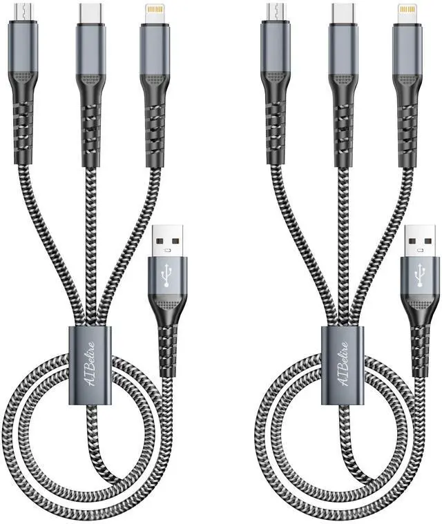 Main image of Multi Charging Cable 2Pack 4FT 3 in 1 USB Charger Cord for All Cell Phones | Braided Universal Phone Charger Cable with Type-C, Micro USB, IP Port for iPhone 17/16/15/14/Most Android Phones & iPads