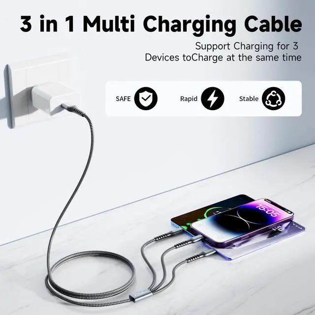 Alt view image 2 of 7 - Multi Charging Cable 2Pack 4FT 3 in 1 USB Charger Cord for All Cell Phones | Braided Universal Phone Charger Cable with Type-C, Micro USB, IP Port for iPhone 17/16/15/14/Most Android Phones & iPads