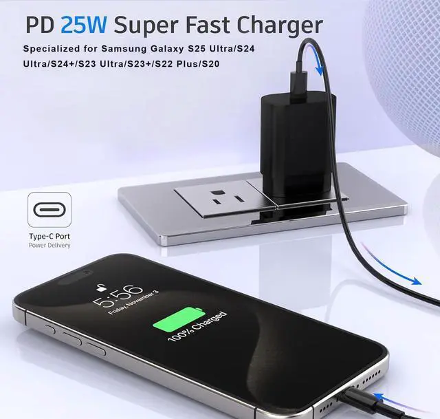 Alt view image 3 of 6 - Type C Charger, 25W Type C Fast Charging Block, with USB C Charger Cable Compatible Galaxy S24/S23/S22/S22 Ultra/ S21/S21 Ultra/S20/ S20 Plus/ S20 Ultra/ S10/ S10e/ S10 Plus