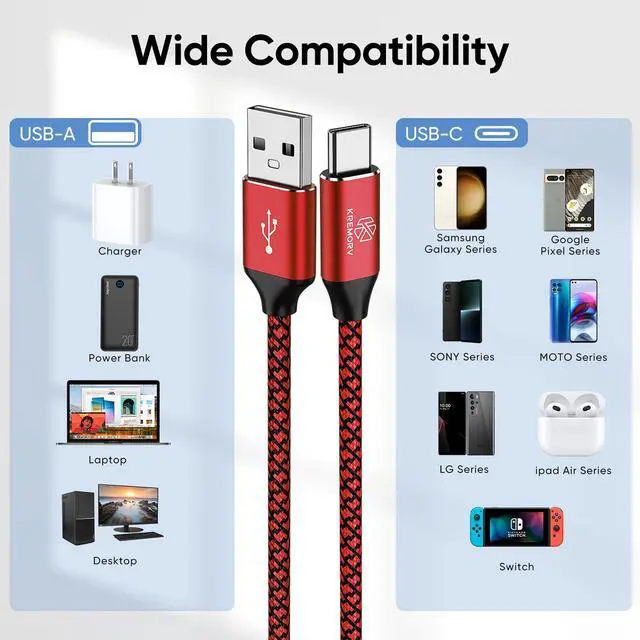 Alt view image 6 of 6 - KREMORV USB to USB C Cable 5-Pack 10FT USB Type C Charging Cord | 10 Feet Extra Long Fast Charging USB C Charger Cord for Samsung Galaxy S10 S9 S8 Note 9 8 10, LG G8 G7 G6 V30 G8 G7